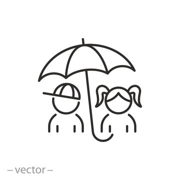 Child Insurance Icon, Protection Of Children's Rights, Boy With Girl Under An Umbrella, Thin Line Symbol On White Background - Editable Stroke Vector Illustration