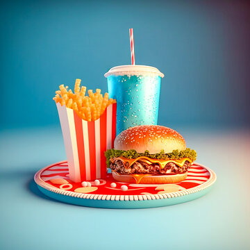 Burger, fries & cooldrink in plate, AI Generated artwork, AI Generative 