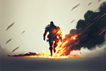 Futuristic soldier runs against the background of an explosion