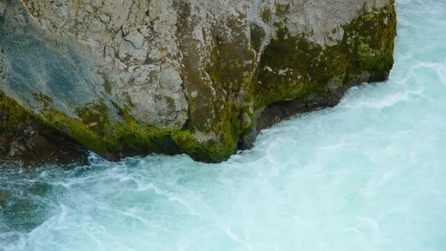 Canyon River with Pure Turquoise Glacier Water, Unusual Mountain Nature Landscape in Iceland. Travel Europe. Shot in 8K Resolution 4320p