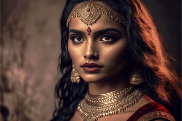 Fototapeta na wymiar Indian Bride, model, beauty of an Indian woman, goddess, make-up, generative ai