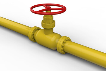3d Render image of yellow colored pipeline and red colored valve on isolated background.