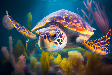 Sea turtle swims under water.  Generative AI.