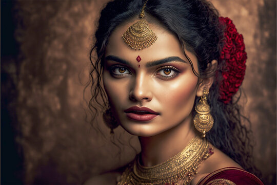 Beautiful woman, indian descent, model, beauty of an Indian goddess, makeup, lips and eyes painted, exotic woman, generative ai