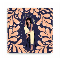 International Women's Day postcards. Abstract floral background and flat girl.