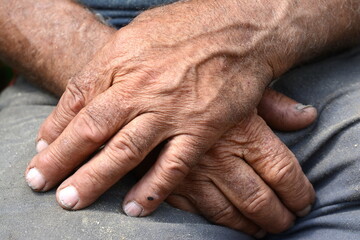 Tough, poor, patient, hands of old man work hard, labor worker farmer pain for all life ages, poor...