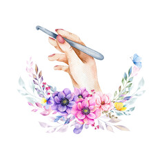 Vector knitting logo concept watercolor illustration, knitting and crocheting tools set