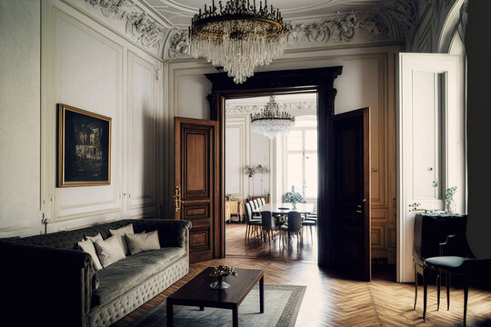 Opulent Interior Of A Large Apartment In A Historic Home From The 19th Century With Contemporary Furnishings. The Walls And Lofty Ceiling Are Stuccoed. Generative AI