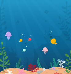 Fototapeta na wymiar Cartoon underwater background. Colorful Flat style scene with coral reef, fishes, sand seabed, starfish and fishes. Underwater ocean Vector illustration for Banner, backdrop, poster, print, card etc. 