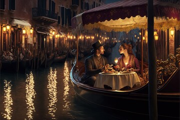 a man and woman sitting at a table in a gondola on a canal at night with lights on the water and a man holding a candle in his hand and a hat. - obrazy, fototapety, plakaty