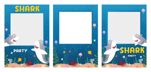 Set of shark party photo booth props for Birthday celebration. Cartoon selfie concept with cute shark characters and seaparty. Photo booth props with seabed background. Flat style Vector illustration.