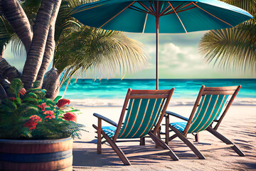 Beach chairs, umbrella and palms on the beach.  Generative AI.