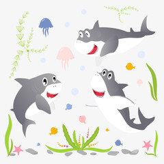 Set of cartoon vector sharks isolated on white background. Cute smiling shark characters with colorful seaweed and fishes. Flat style Vector illustration.