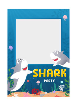 Baby shark party photo frame background. Undersea Birthday party poster template. Vector illustration photo booth props with cute cartoon sharks and colorful seabed background.