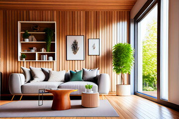 Wooden modern interior style. Generative AI.