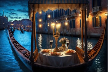 a gondola with a table with food and candles on it in the middle of a canal at night with a gondola in the background with lights and a gondola with a table with food and candles on it. - obrazy, fototapety, plakaty