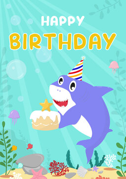 Happy Birthday cartoon greeting card with cute shark holding a cake. Shark themed Birthday design template for party, poster, invitation, greeting card. Vector illustration 