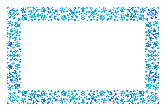 Rectangle frame made of blue snowflakes on white background. Decorative element for Christmas and New Year design. Vector illustration