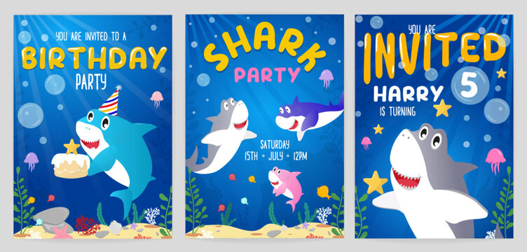 Shark party Birthday invitation card set. Cartoon Happy Birthday party invitations with cute sharks and under sea background
