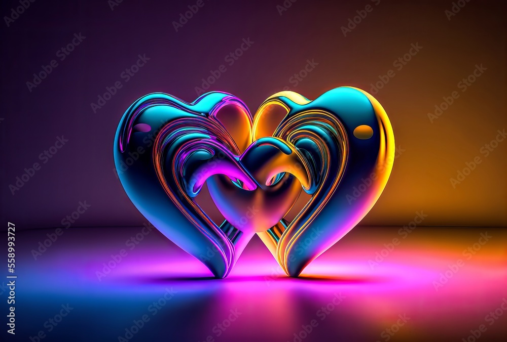 Wall mural two hearts illuminated with neon light