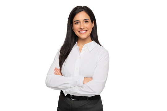 Cheerful brunette business woman student in white button up shirt, smiling confident and cheerful with arms folded, isolated on a white background