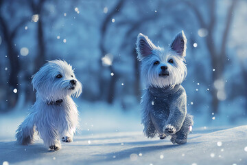 two dogs playing in snow