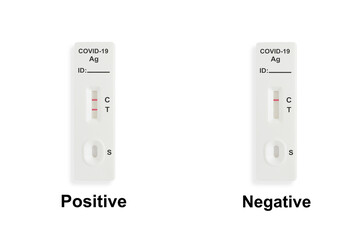 Rapid antigen test kit with positive and negative result during swab COVID 19 testing. Transparent background © Tomas Ragina