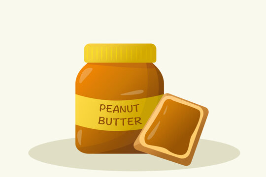 Peanut butter jar with toast. Peanut butter toast on light background. Flat style