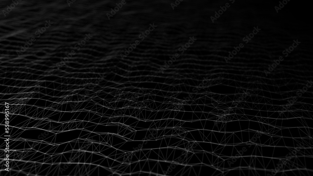 Poster Wave of digital particles on a black background. Abstract interlacing lines and points. Digital connection of elements. Simulation of the movement of small particles. 3D rendering.
