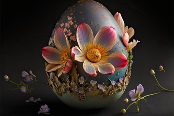 Plakat Created with Generative AI technology. Easter egg with colorful spring flowers and green leaves. holiday concept.