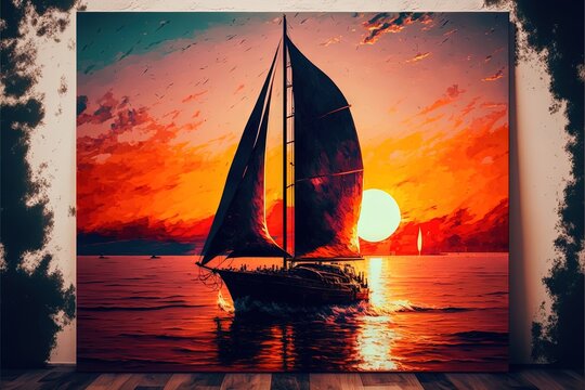 a painting of a sailboat in the ocean at sunset with a red sky and clouds behind it.