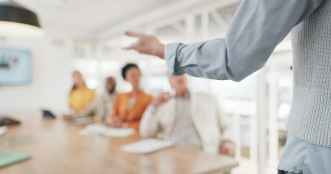 Business people, speaker hand or office presentation for marketing education, advertising learning or teamwork collaboration workshop. Mentor, training leadership or conference meeting for innovation