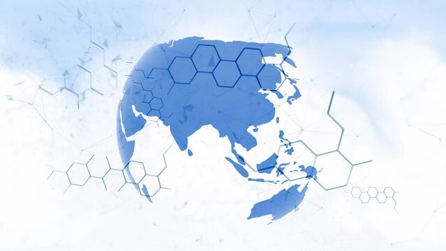 Abstract blue white background with chemical hexagon bond molecules and earth globe animation.