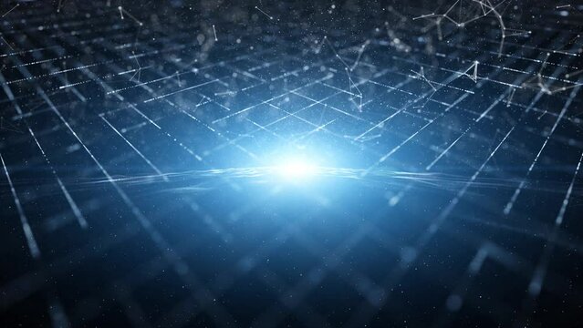 Seamless looping glowing digital technology network lines animation on dark blue copy space background.