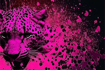 Magenta leopard punk paint splash background, generated ai art, space for text