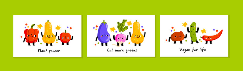 Set of 3 postcards. Cute vegetable character with funny kawaii face. Hand drawn cartoon cute illustration for stickers, posters, wall art. Summer print. Pepper, cucumber, potato, pumpkin, tomato