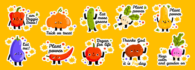 Organic vegetables sticker collection. Set of vegetables and herbs. Farm slogans. Hand drawn cartoon cute illustration for stickers, posters, wall art. Kids graphic. Stickers with funny hand lettered