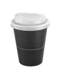 Front view of black disposable paper coffee cup with lid isolated on white