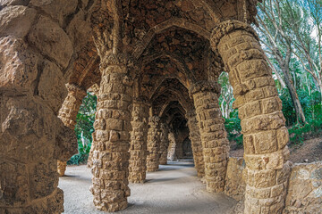 Colonnaded in Vaulted Passage in Park Güell, Barcelona, Catalonia, Spain