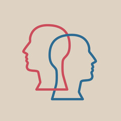 Collaboration. Two intertwined human heads. Interpersonal relationships, empathy, understanding. Line design. Vector illustration.
