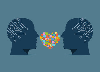 Faces of man and woman, girl and guy. Two profiles together. Relationships, family symbol. Vector psychology illustration of family therapy