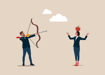 Ambitious business team aiming in target and shooting with arrow. Idea of success and motivation, determination or inspiration to improve. Modern flat vector illustration