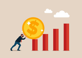 Businessman trying push dollar coin. Business profit increasing. Modern flat vector illustration