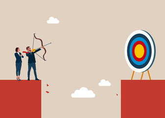 Business target goals. Forced to successful. Man standing on cliff with archer in hand. Shooting target with bow, arrow. Modern flat vector illustration. - obrazy, fototapety, plakaty