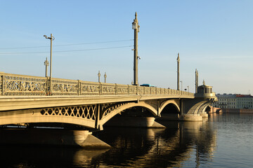 Annunciation Bridge, first permanent bridge built across Neva River in summer early morning. Saint...