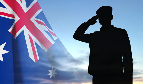 Silhouette of Saluting Soldier with Australian flag on background of sky. Concept - Armed Force. EPS10 vector