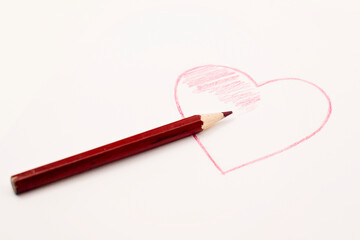 Hand Drawn Doodle Red Heart Photograph of Pencil on White Background. Valentine Mother's Day Kids Charity Romantic Love Concept. Creative Greeting Card Banner Poster.