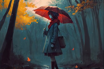 A girl with an umbrella stands in the forest