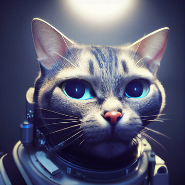 Portrait of astronaut cat in space, surreal illustration
