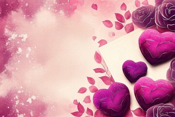 Valentine hearts watercolour style background with space for copy, landscape, generated ai art,